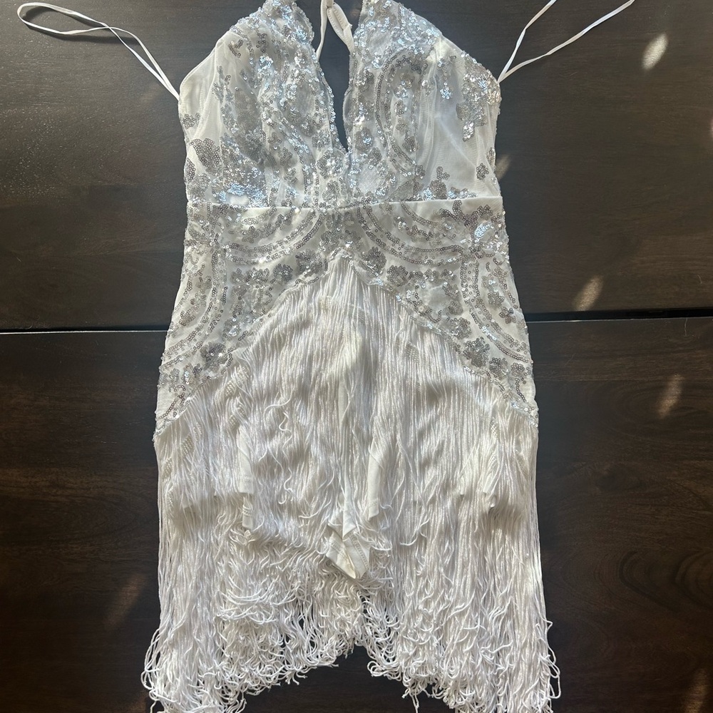 Hot Miami Styles White Sequin Fringe Dress